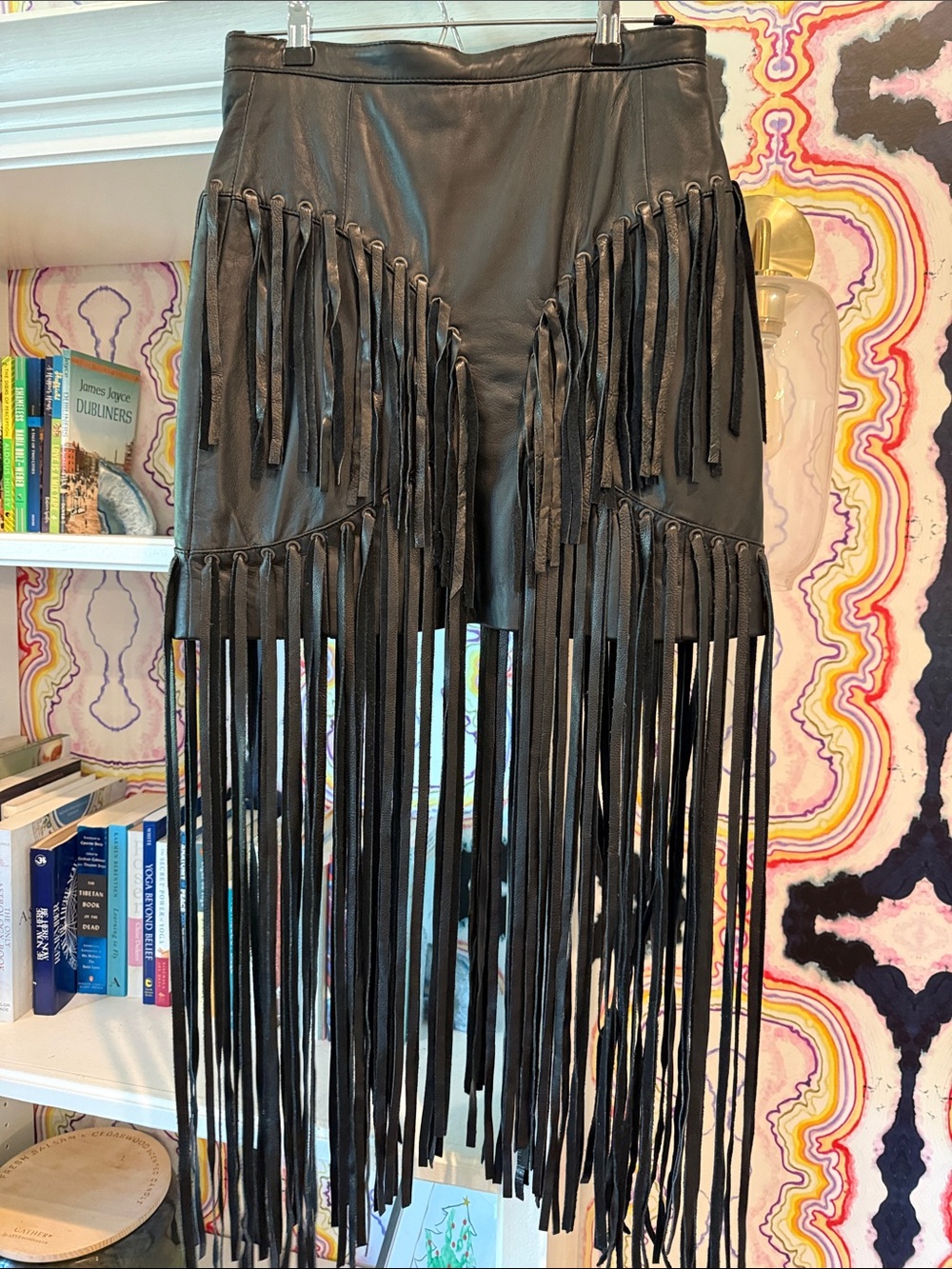 Black Leather Mini Skirt with Long Fringe